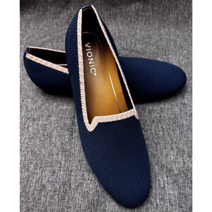 Vionic Willa Knit Flats Sz 8.5 Blue Pink Trim Slip On Comfort Loafer Shoe Fabric